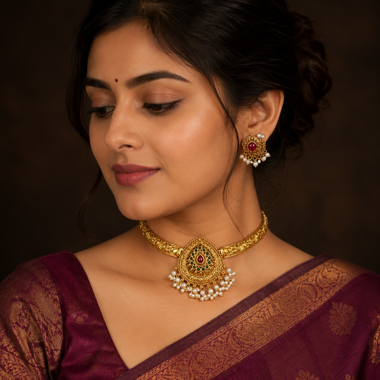 Antic Kante Necklace with Beautiful Ruby and Emerald Pendant in Nakshi - NN00757
