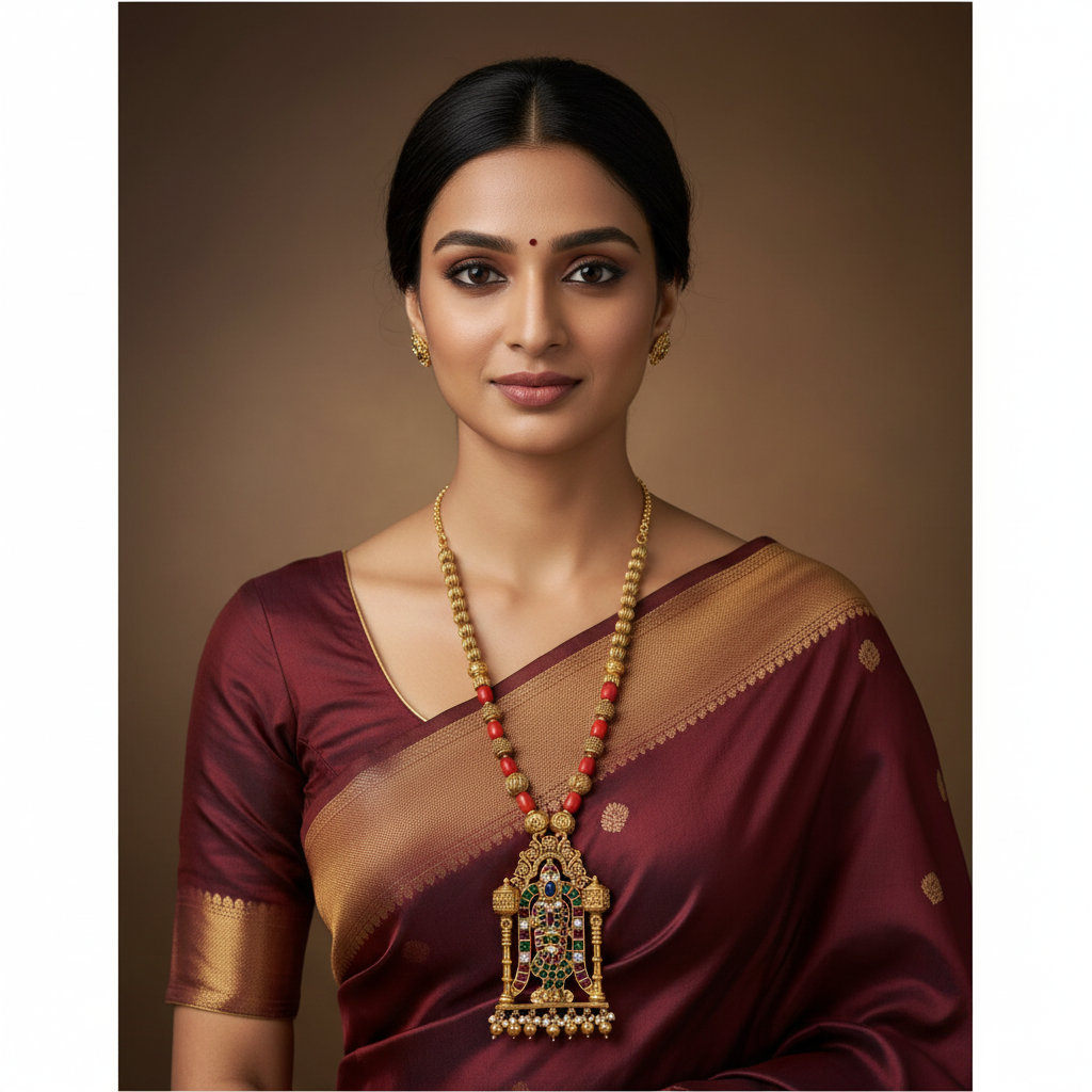 Coral Haram With Meenakshi Amman Pendant - PB00636