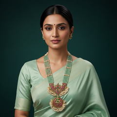 Mint Monalisa beads with Jadau Gold Polish Pendant and Rice Pearls - PB00572