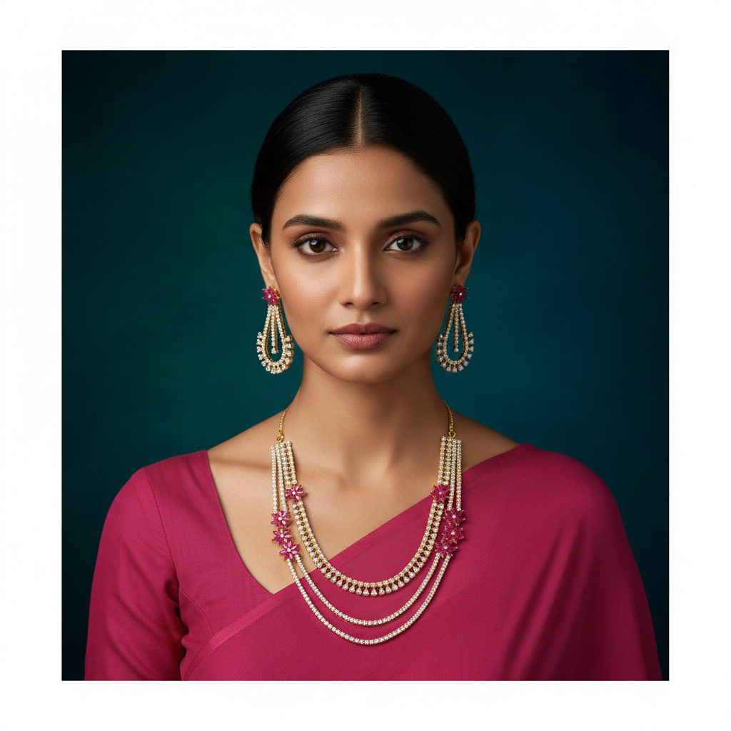 White And Red CZ Layer Haram With Earrings - NH00422