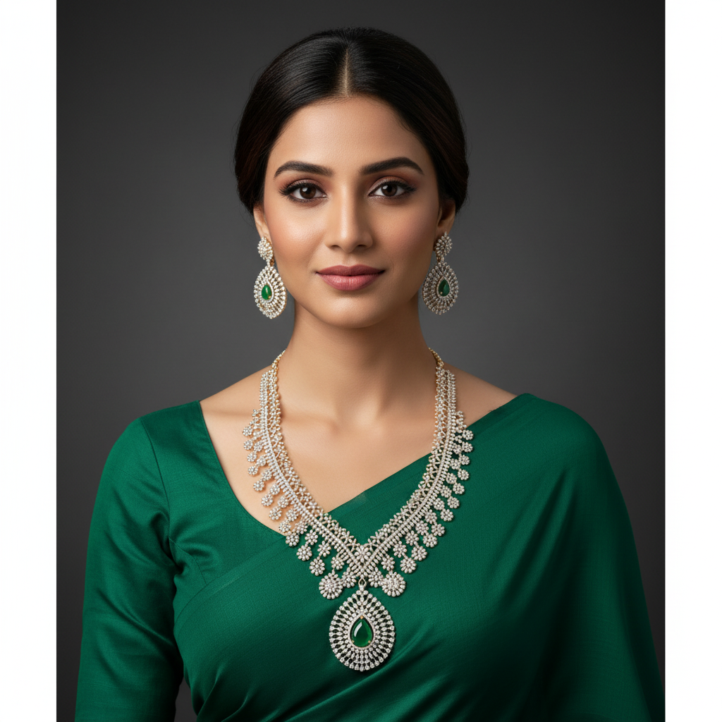 Emerald Stone Daimond Long Haram With Earrings - DH005