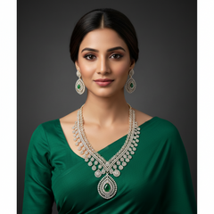 Emerald Stone Daimond Long Haram With Earrings - DH005