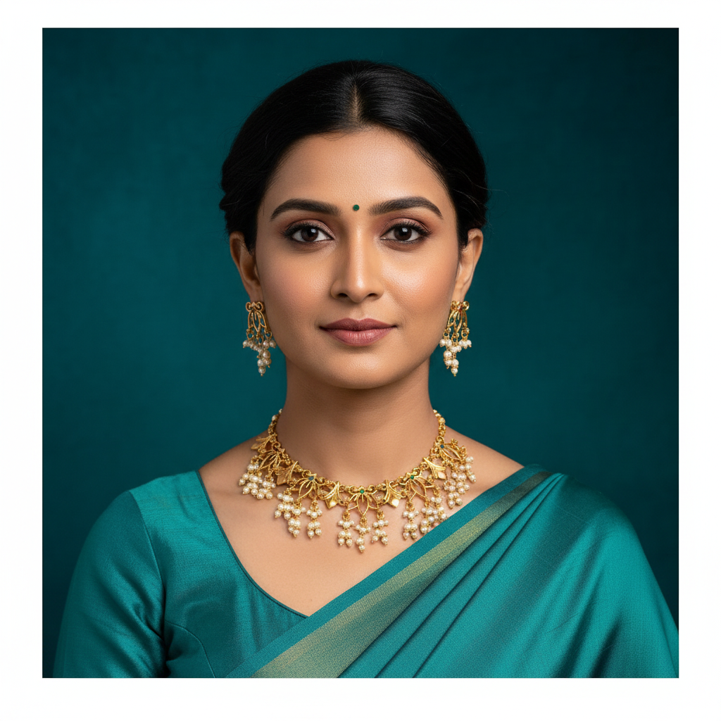 Small Necklace in Leaf Pattern With Pearls -NN00927