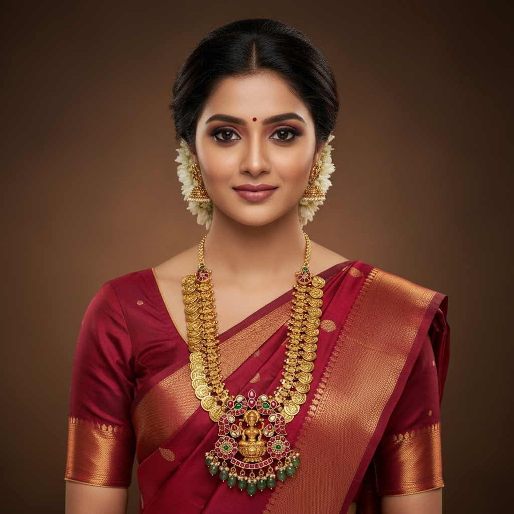 Lakshmi Kaasu Long Haram With Jadau Pendant and Side Pendants - KH00379