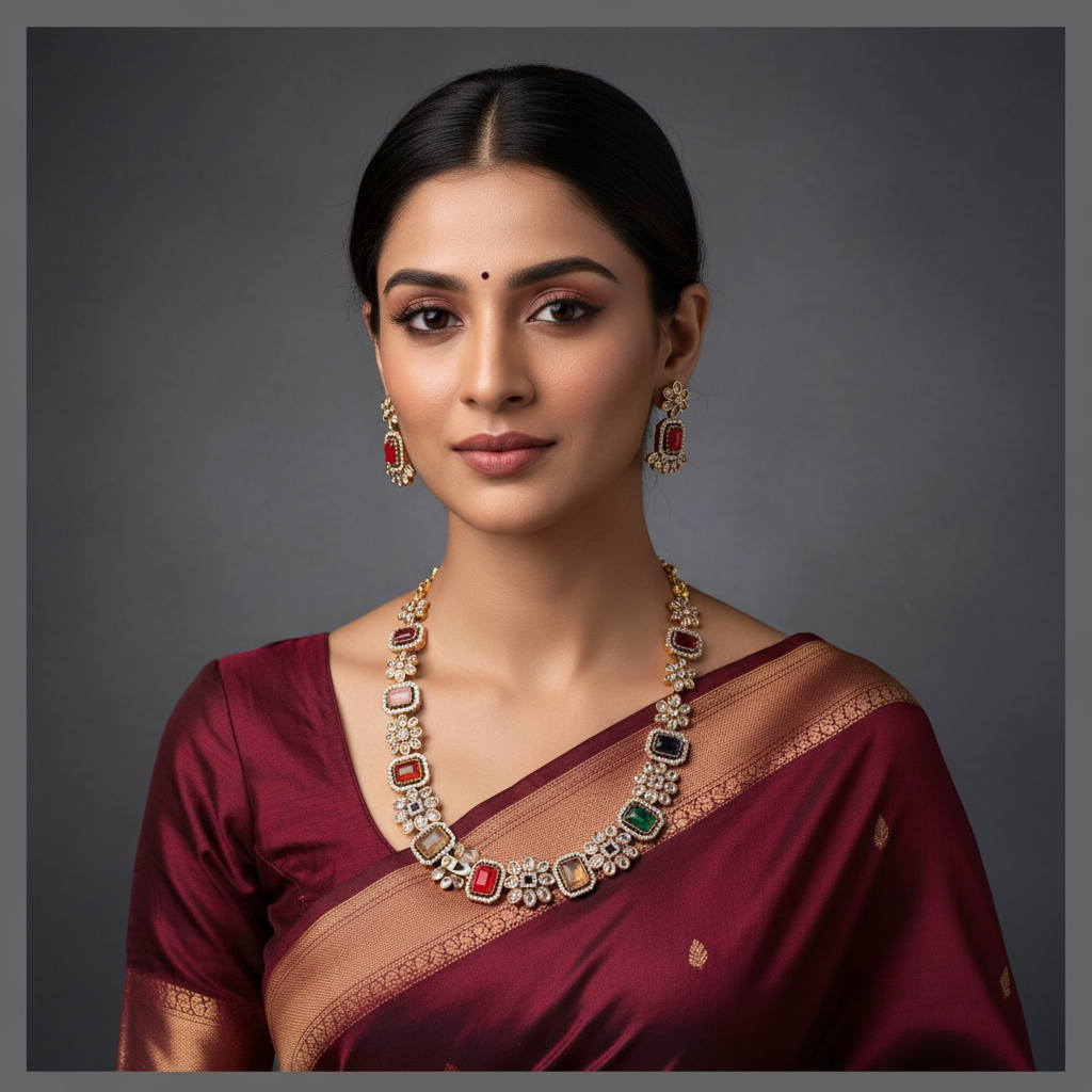 Navratna Stone Necklace In Nakshi - NN00817