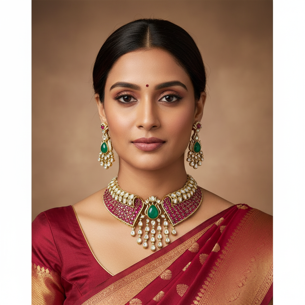 Victorian CZ Stone Choker Set With Earirngs - VN00196