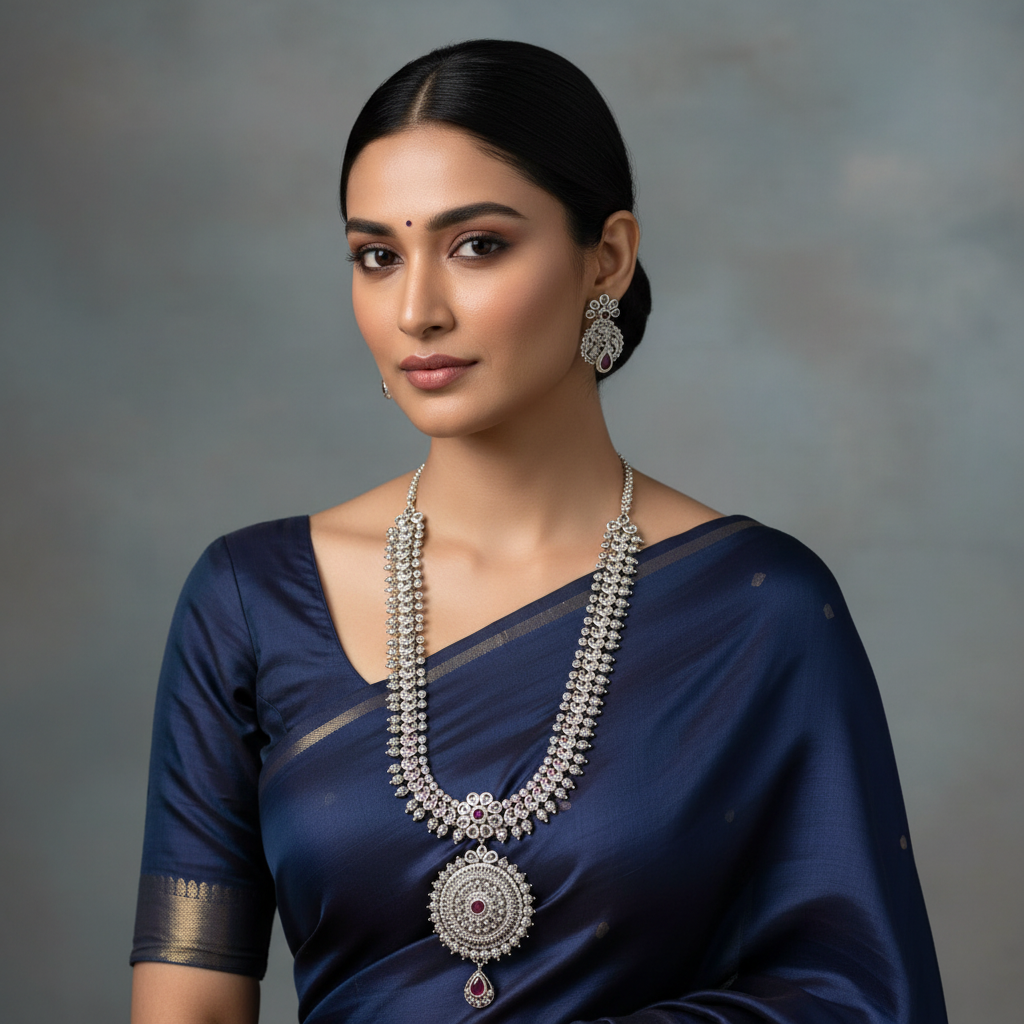 Long Nakshi Haram With Silver Polish And Jhumki - NH00415