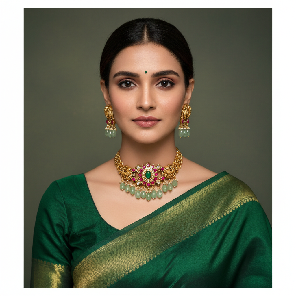 Ruby Flower Jadau Necklace with Earrings - KN0054