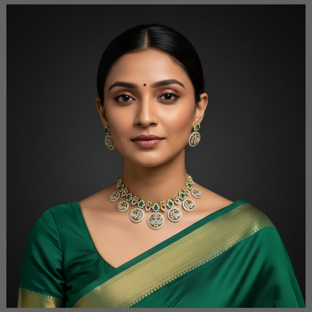 Bottu necklace with Peacock Pendant in Diamond - DN0061
