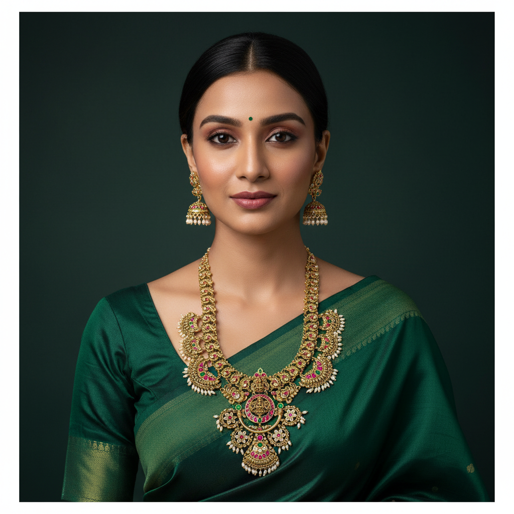 Jadau Broad Pattern Rice Pearl Gold Replica haram With Earrings - KH00390
