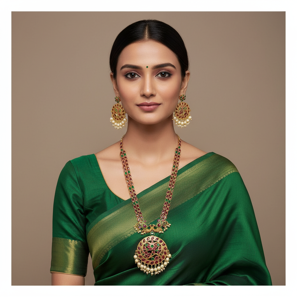Multi Stones in Gold Polish 2 line Rani Haram - NH00506