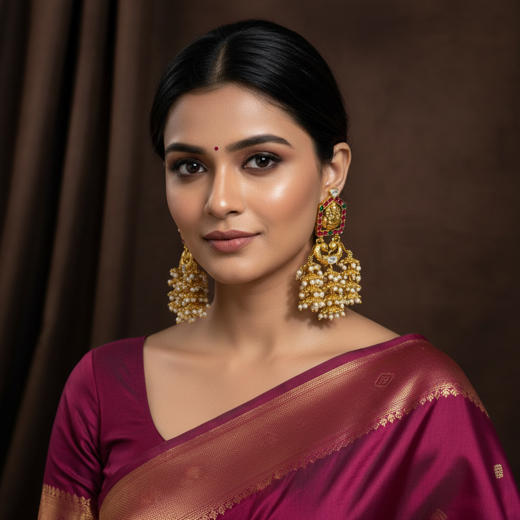 Jadau Stone Lakshmi 3 jhumki traditional earrings - KE002