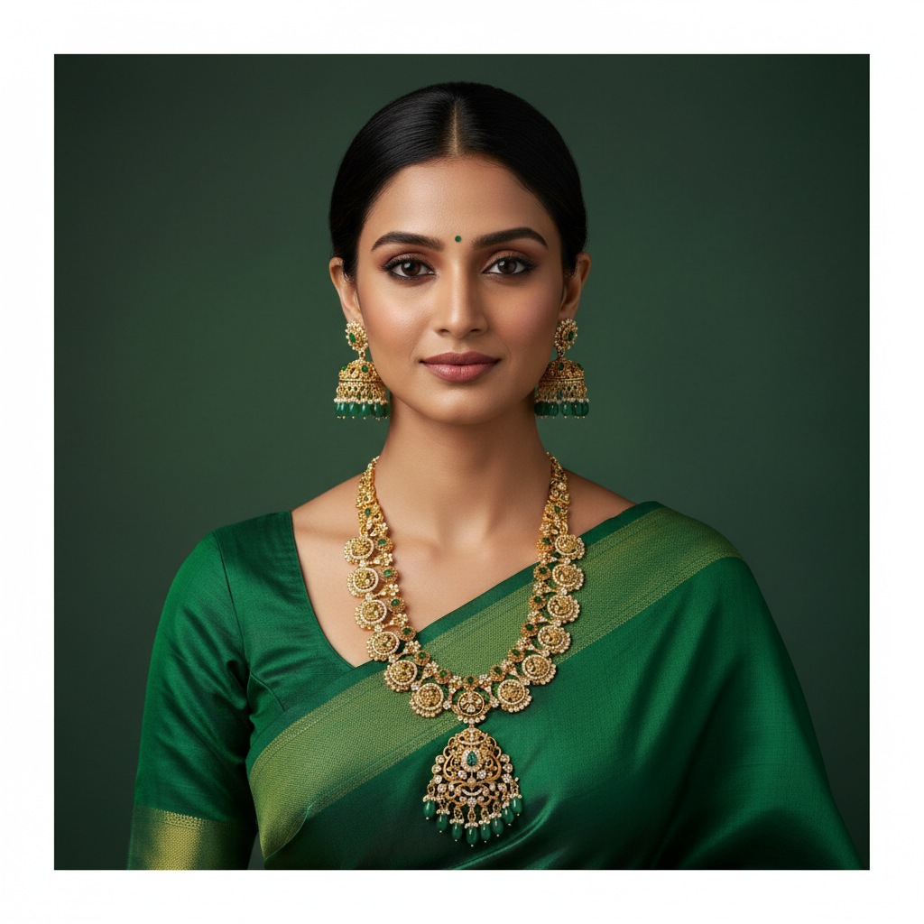 Beautiful Lakshmi Long Gold Replica Haram With U Pattern - NH00142