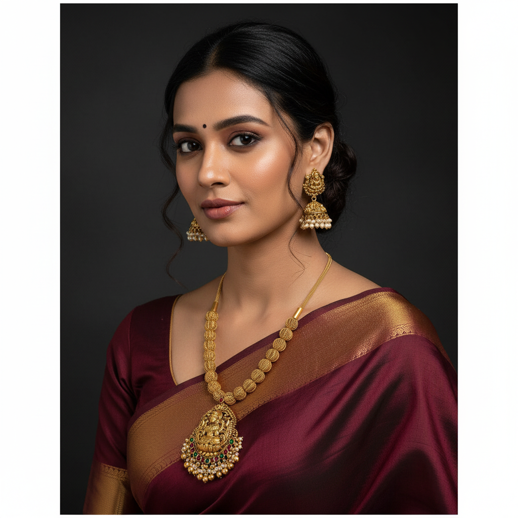 Nakshi lakshmi Pumpkin Pattern Gold Beads With Earrings - NN00947