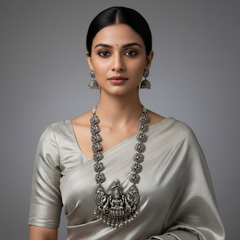 Silver Polish Lakshmi Nakshi Long Haram- NH00185