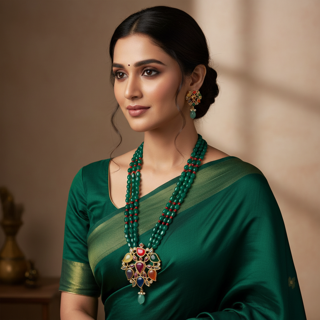 Emerald Monalisa Beads With Navarathna Pendant and Earrings - PB00610
