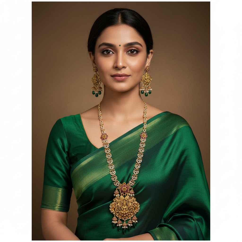 CZ Stone Lakshmi Long Haram In Gold Polish - NH00183