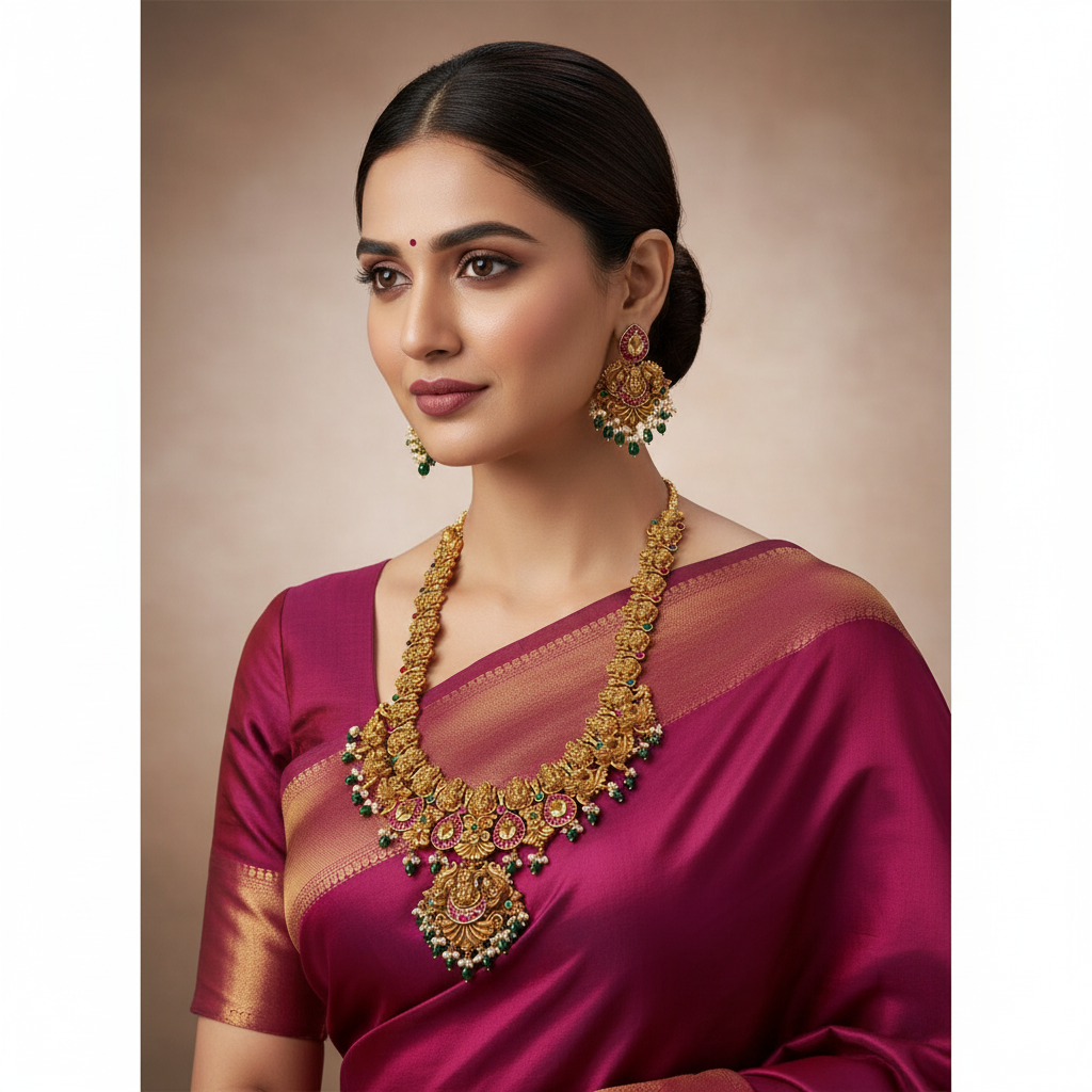 Long Nakshi Lakshmi Haram with Jadau Stone and earrings - KH00104