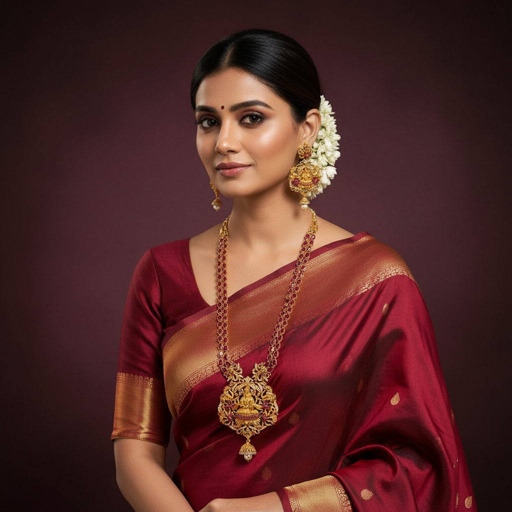 Ruby Stone Gold Polish Long Haram With Earrings - NH00502
