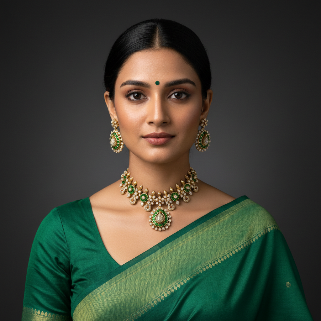 Mozonites Necklace With Jadau Kundan - DN0046