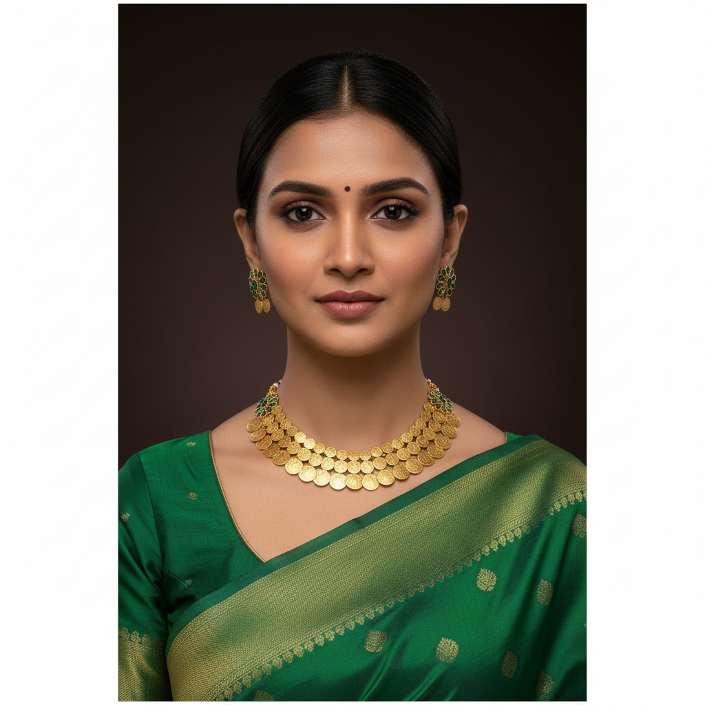 Double Step Kaasu Necklace with Kempu Stone - NN0020
