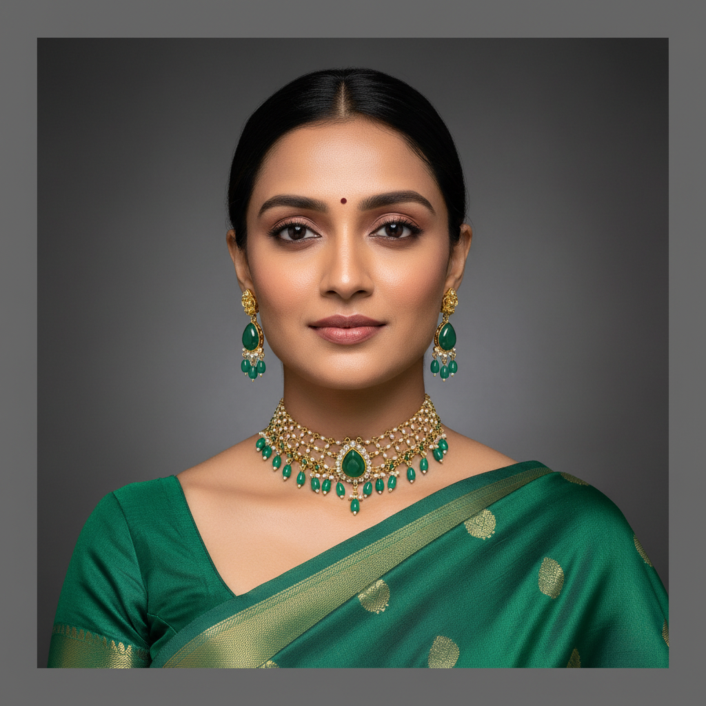 Beautiful Emerald Pearl Necklace In Kundan - KN00415