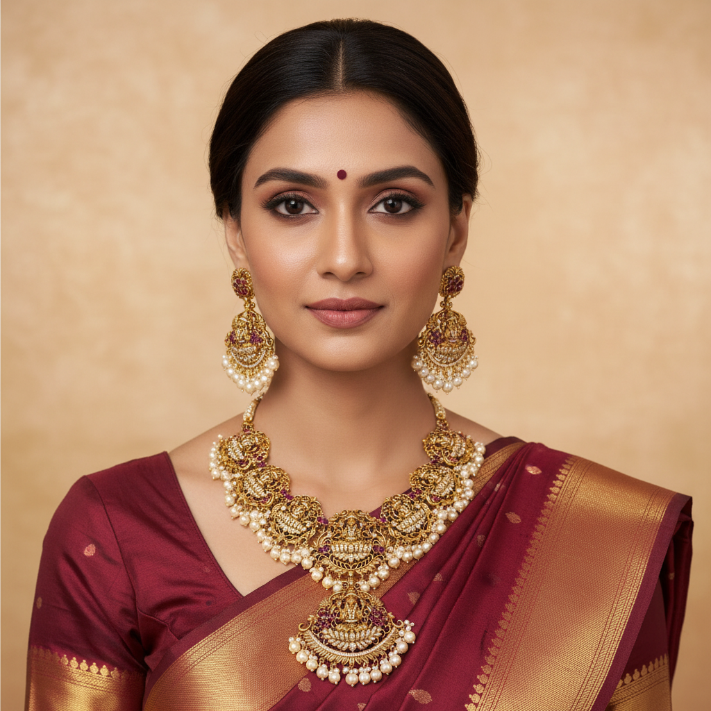 Antique Lakshmi and Elephant Necklace With Pearls - NN00386