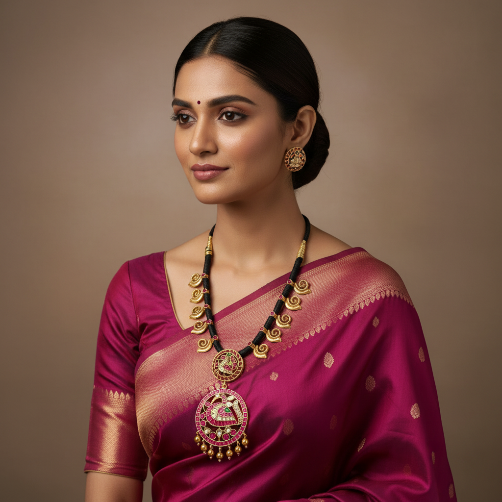 Beautiful Jadau Black Dori WIth Peacock Pendant - BD00171