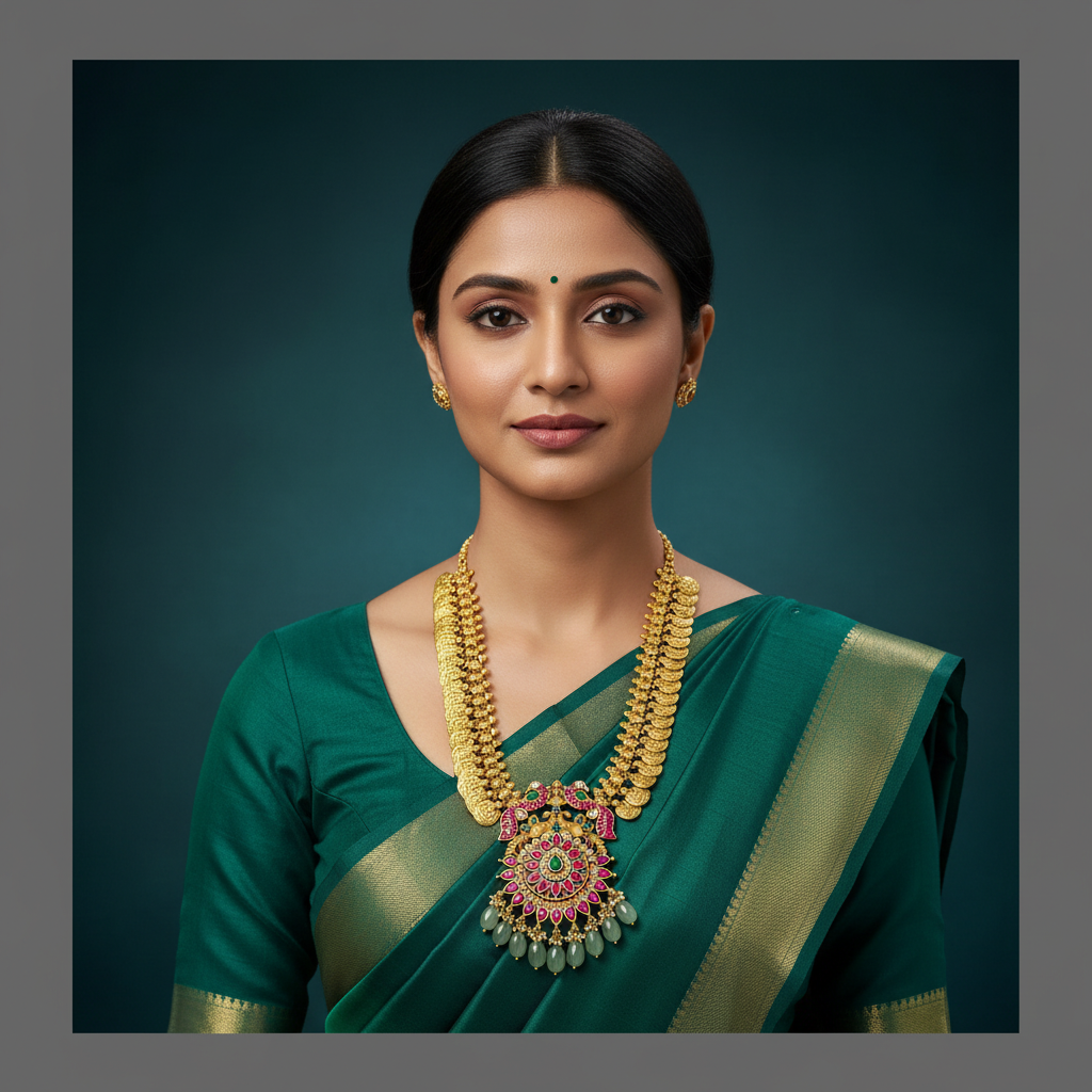 Kaasu mala with Ruby Peacock & Lakshmi pendent in Kundan - KH00161
