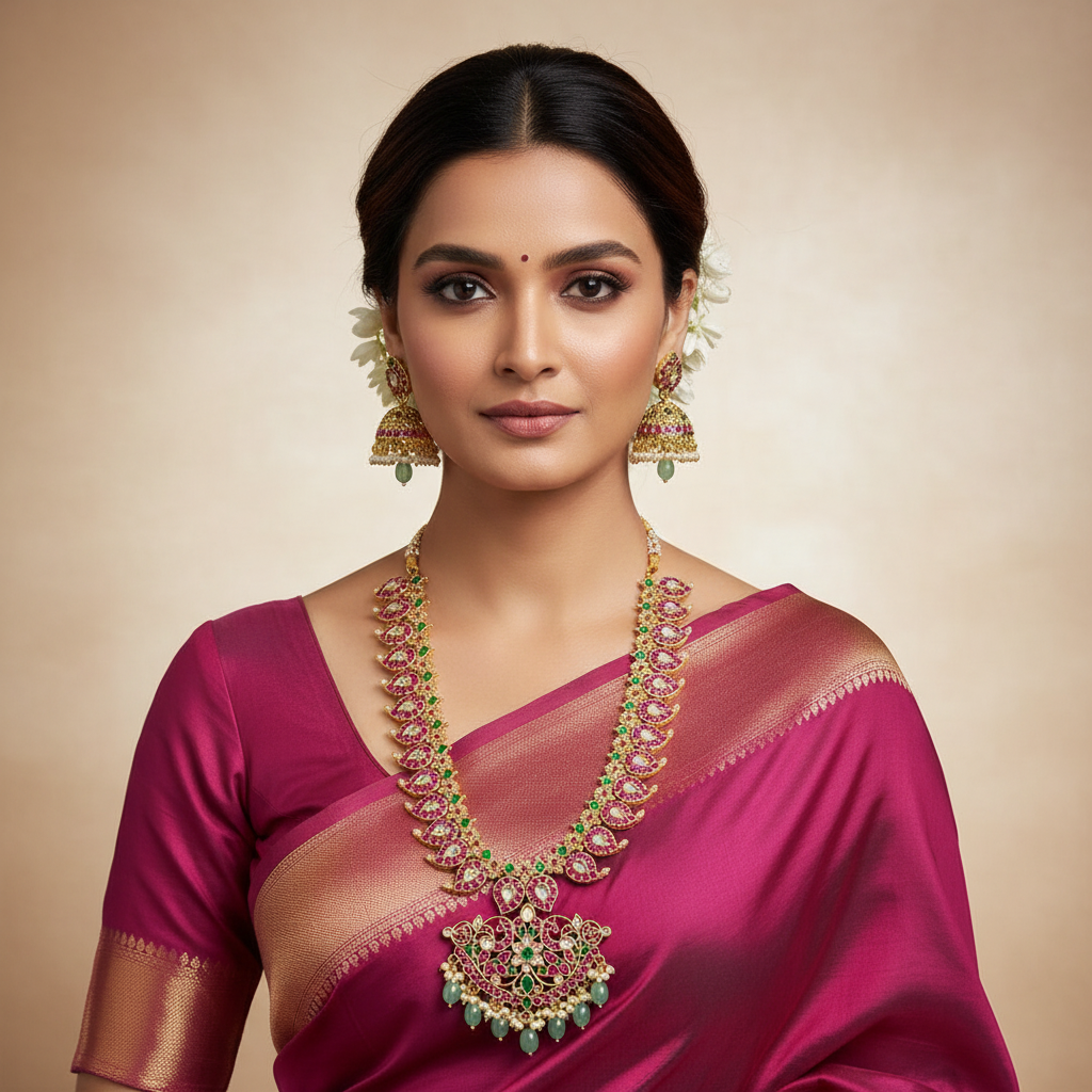 Jadau Mango Long Haram With Jhumkis - KH00393