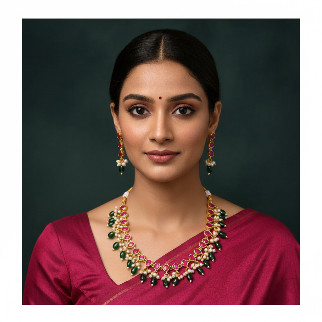 Beautiful Pink with Cream and Green  Pearl Necklace in Kundan - Kn00500