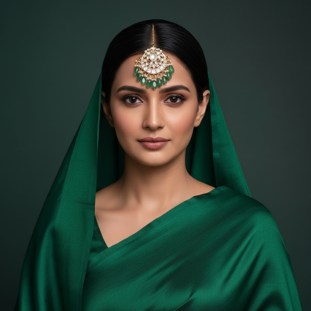 White Jadau Kundan Tika With Green Beads - HA00211