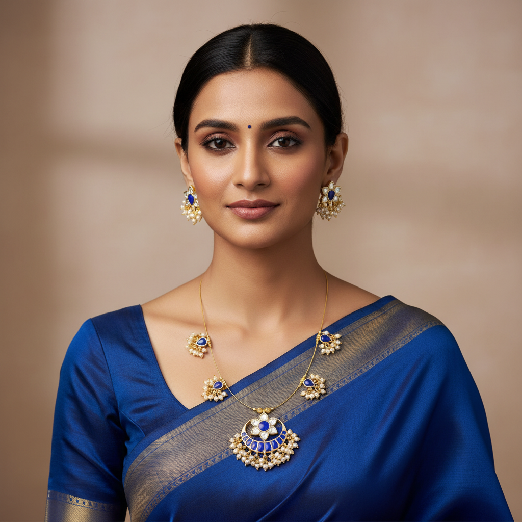 Big Dark Blue Chand Bail Necklace in Kundan - KN00216