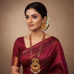 Double Line Ruby Set in Gold Polish With Earrings - NH00513