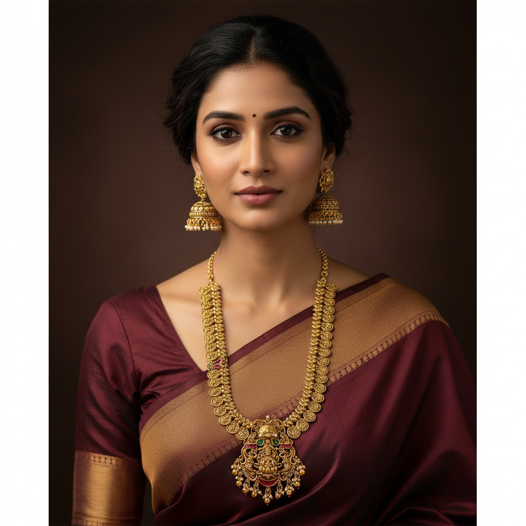 Kaasu Long Lakshmi Haram With Jhumkis - NH00491