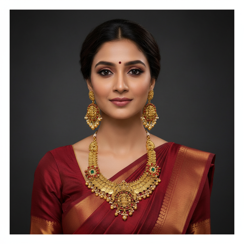 3 Layer Kassu Necklace with Lakshmi Pendant and Flower Side Pendant in Nakshi -NN00644