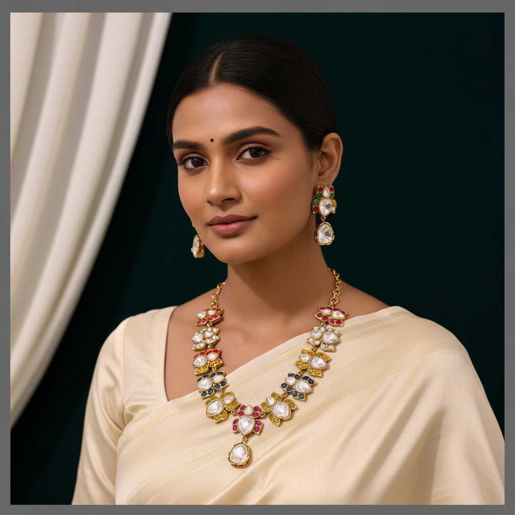 Beautiful Multi Colour Lotus Necklace In Kundan - KN00413