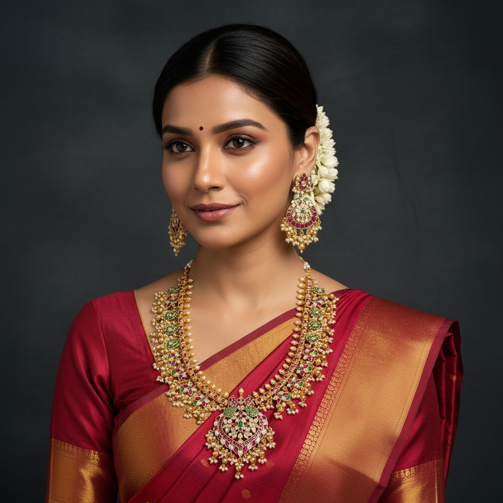 Beautiful Multi Flower Haram with Peacock Pendant in Kundan - KH00315