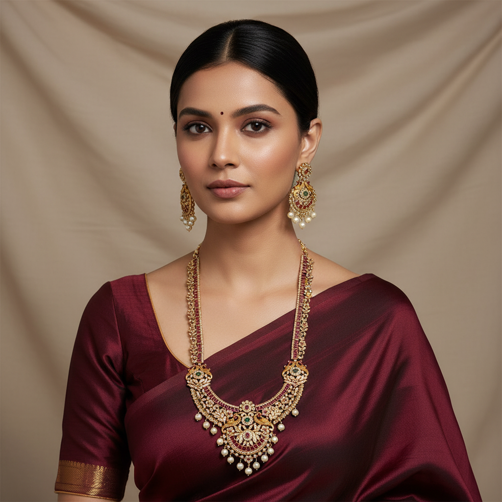 Antique Polish Nakshi Long Haram With Earrings And Kempu Stones - NH00514