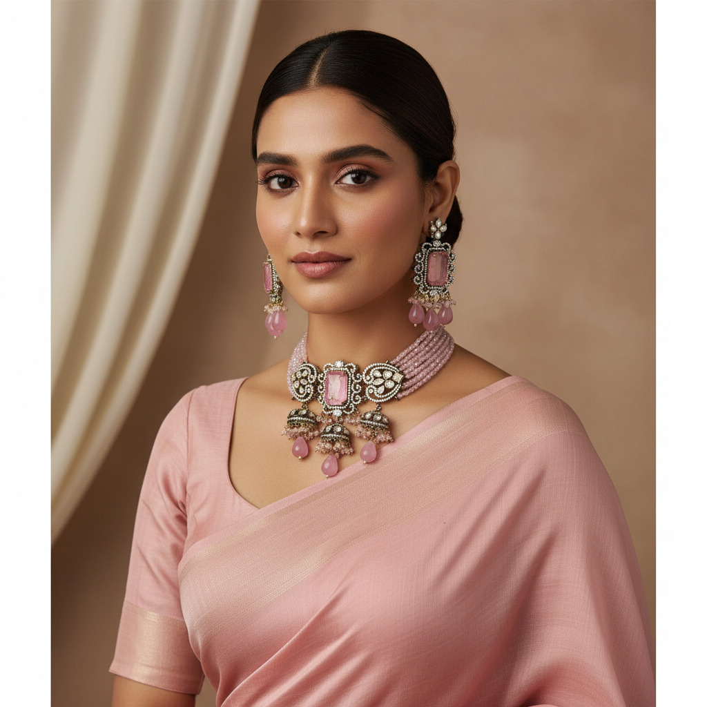 Baby Pink beads Mozonite Set With Earrings - PB00621