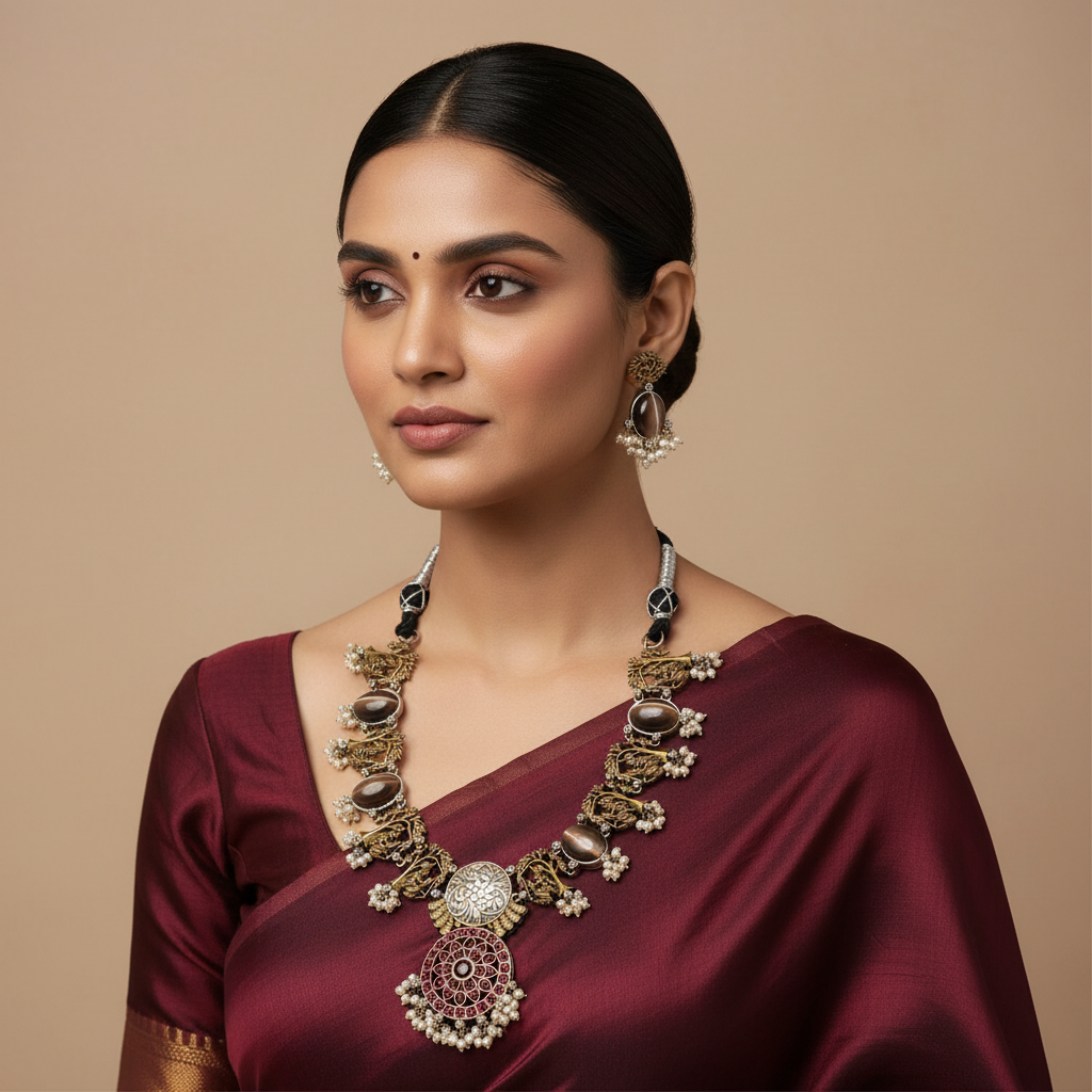 German Silver Nakshi necklace With Kempu Pendant and earrings - NN00989