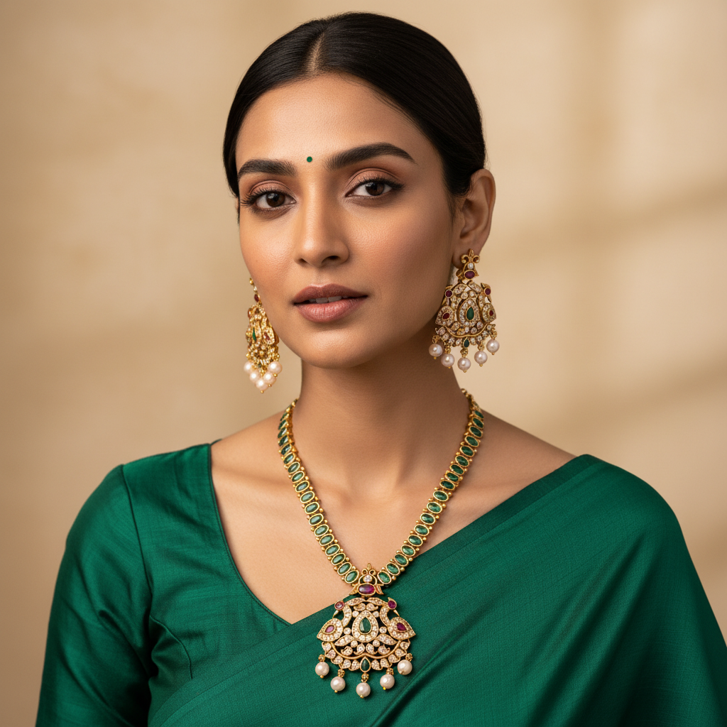 Emerald Stone Necklace With Peacock Pendant - NN00822