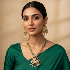 Emerald Stone Necklace With Peacock Pendant - NN00822