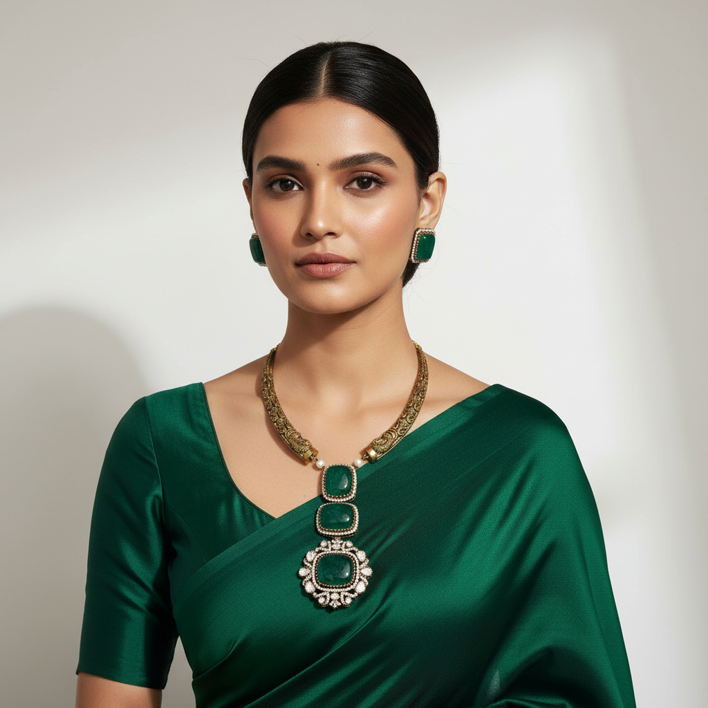 Antique polish Kante Set With Emerald Pendant and Earrings - VN00209
