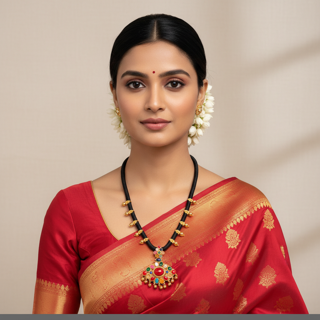 Black Dori Necklace With Navratna Pendant - BD00145