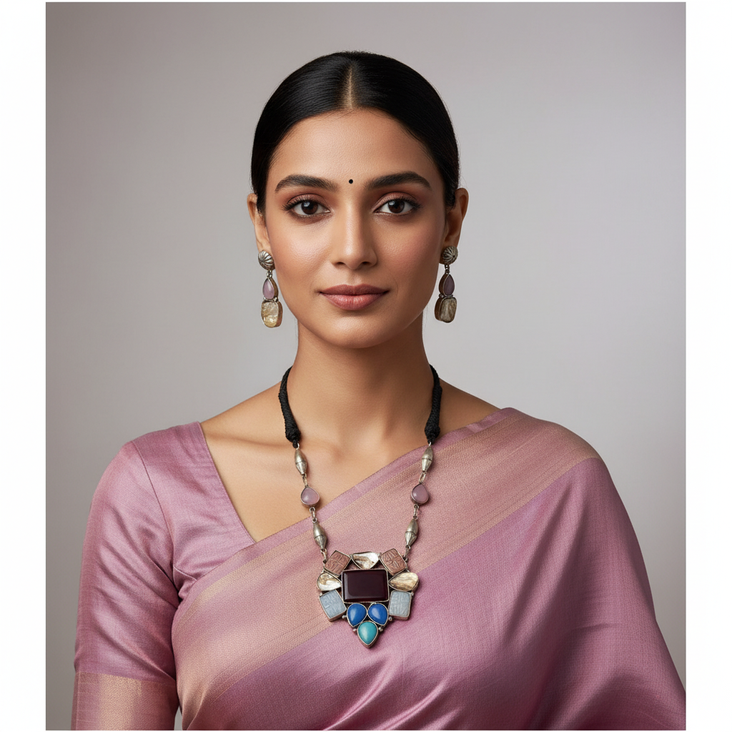 German Silver Designer Haram With Black Dori - PB00625