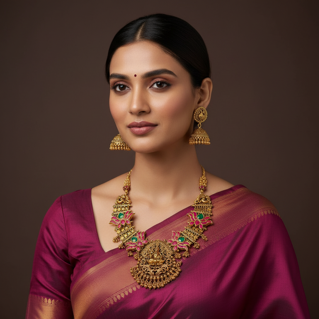 Dark Gheru Polish Lakshmi Necklace With Jadau Pendants and Packings - KN00678