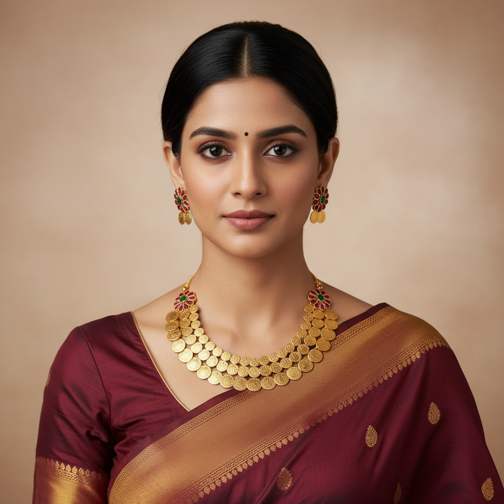 Double Step Kaasu Necklace with Kempu Stone - NN0020