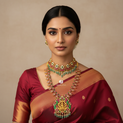 Bridal Set with Long and Short Laxmi Pendant with Earring and Mang Tika - BR0006