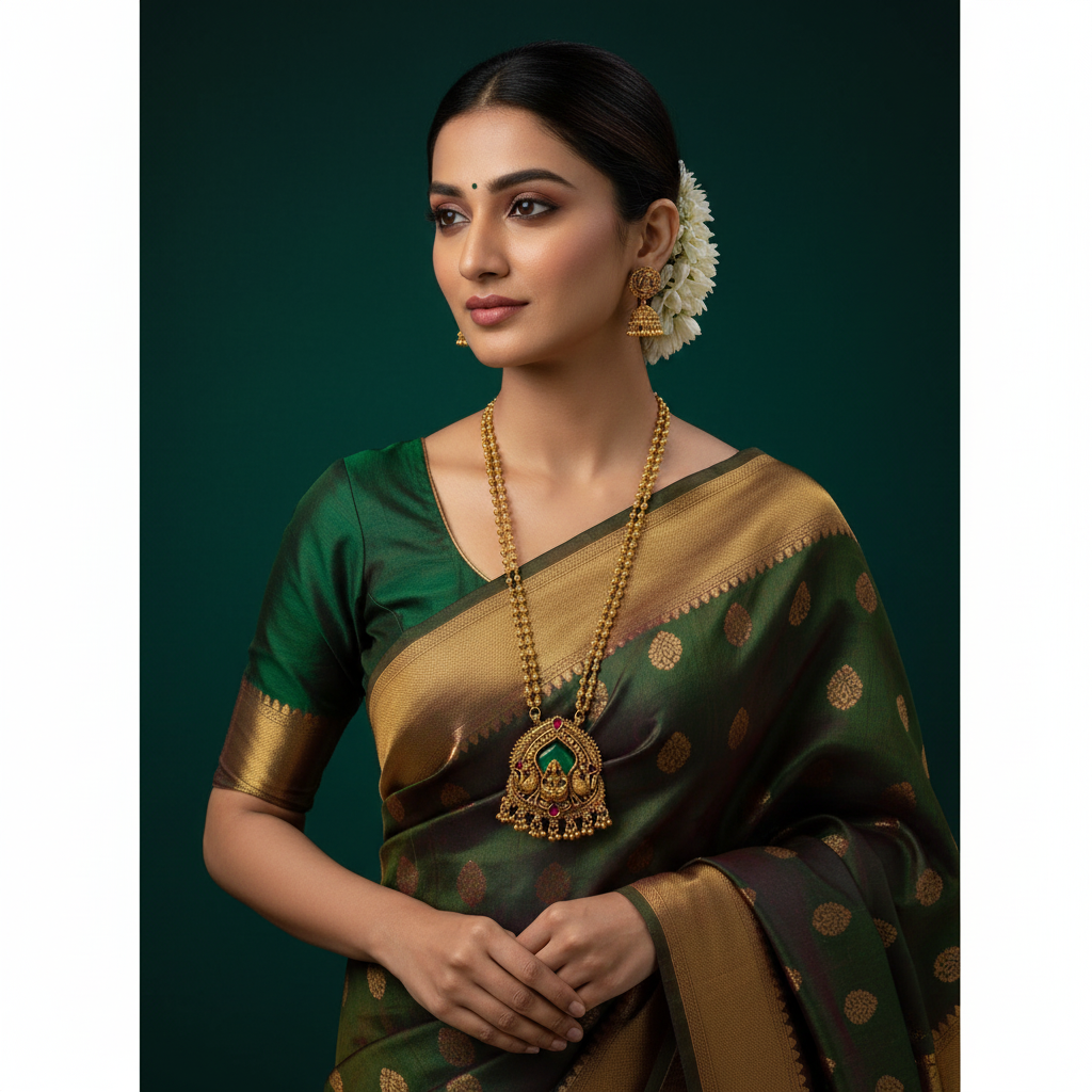 Round Small Ball Chain WIth Lakshmi Pendant in Green Stone - NH00495